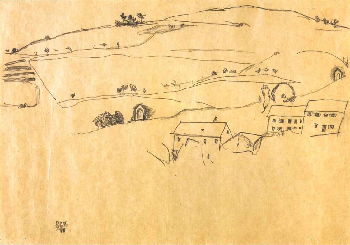 Hus foran en ås med korsstasjoner av Egon Schiele