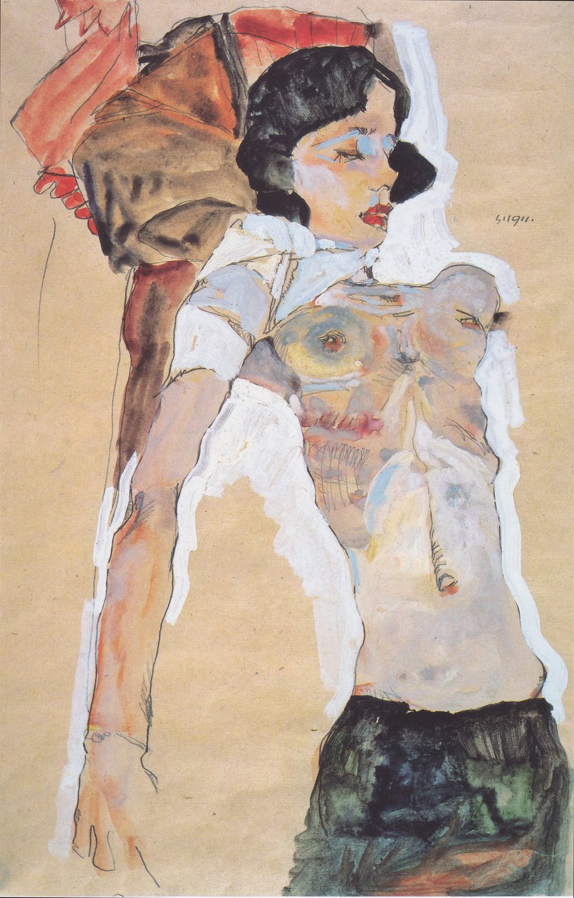 Liggende, trekledd jente av Egon Schiele
