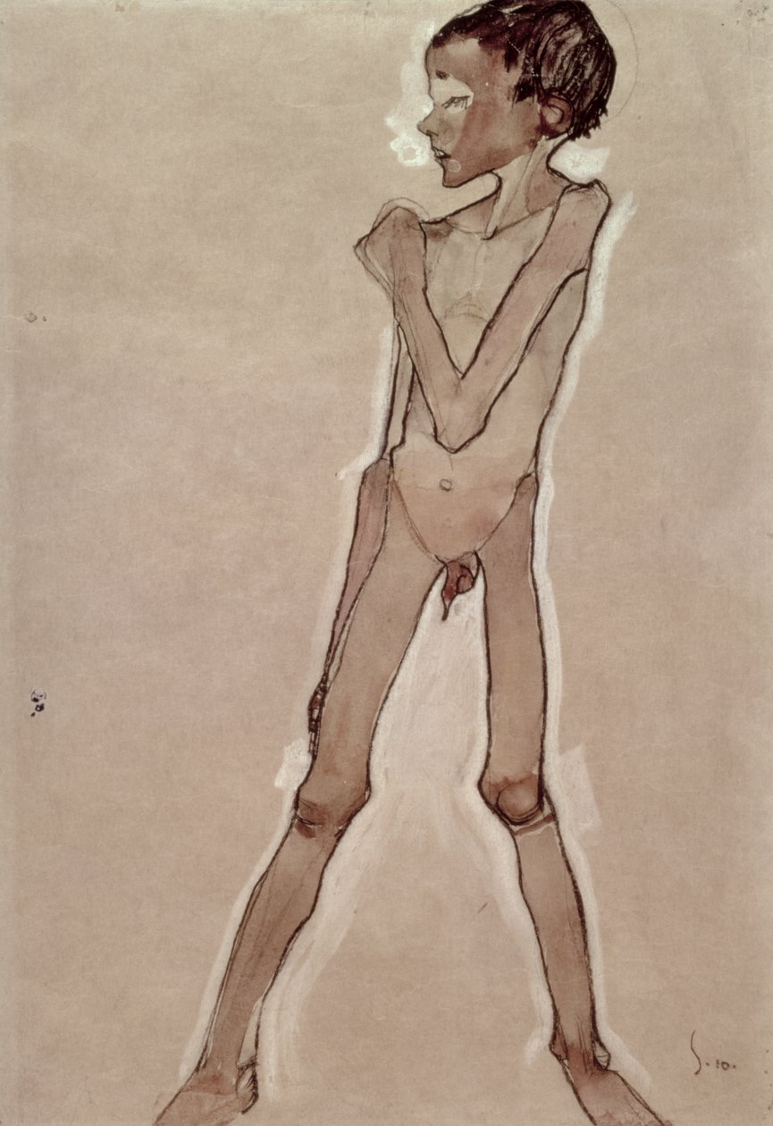 Naken gutt står av Egon Schiele