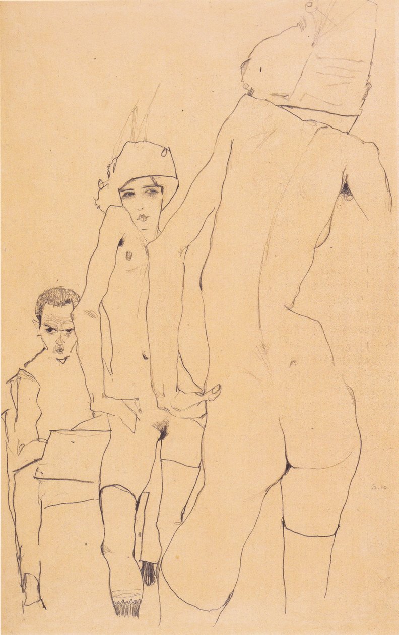 Schiele med en nakenmodell foran speilet av Egon Schiele