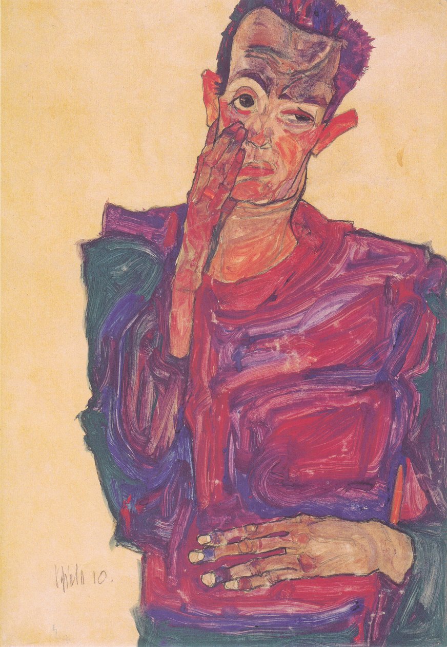Selvportrett med øyelokket trukket ned av Egon Schiele