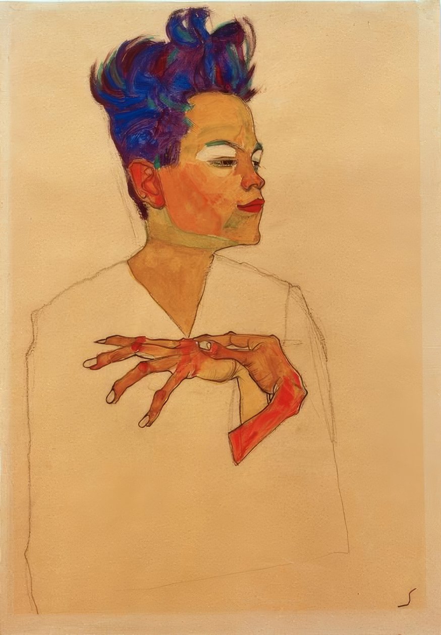 Selvportrett med hendene på brystet av Egon Schiele