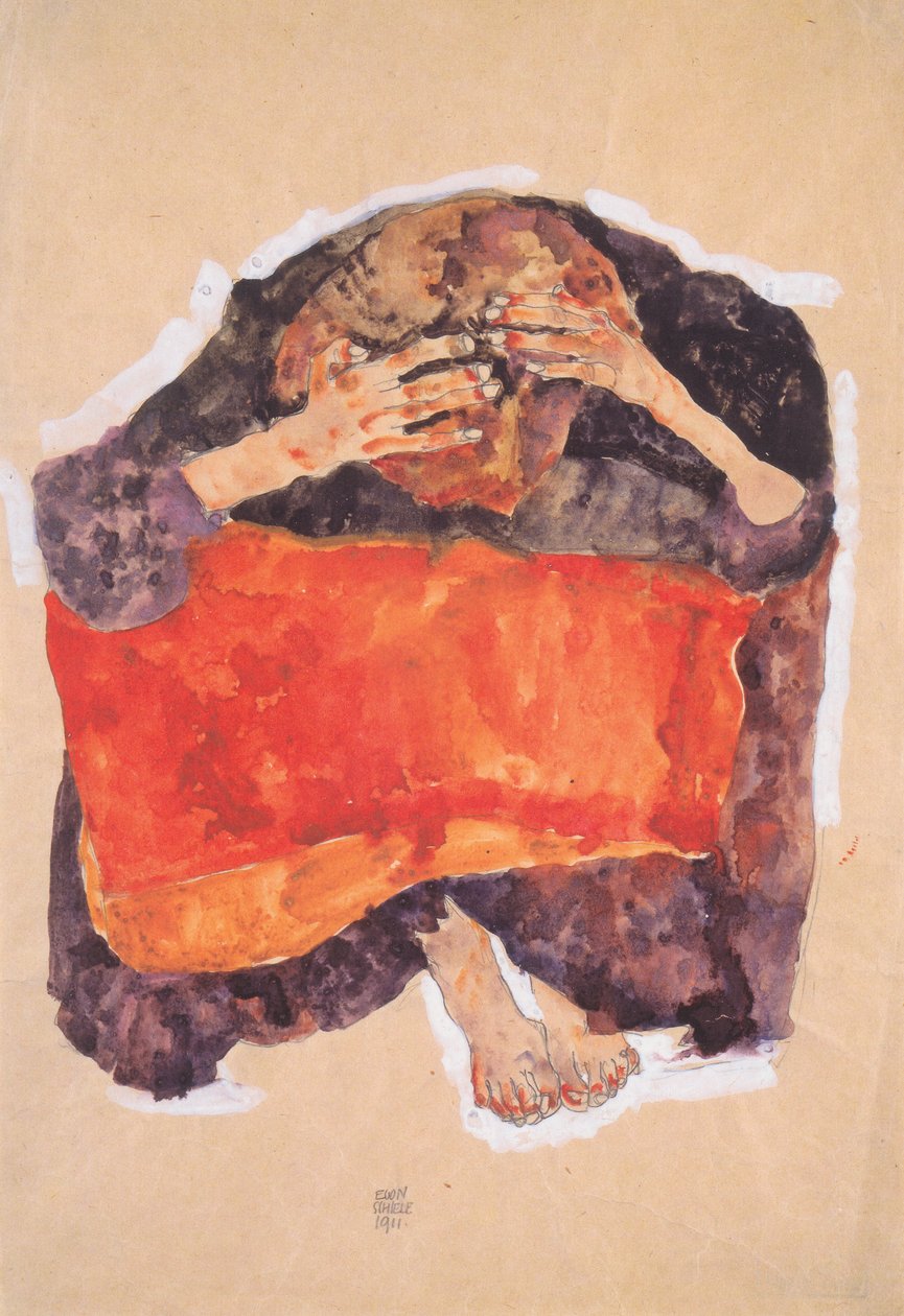 Sittende jente med bøyd hode av Egon Schiele