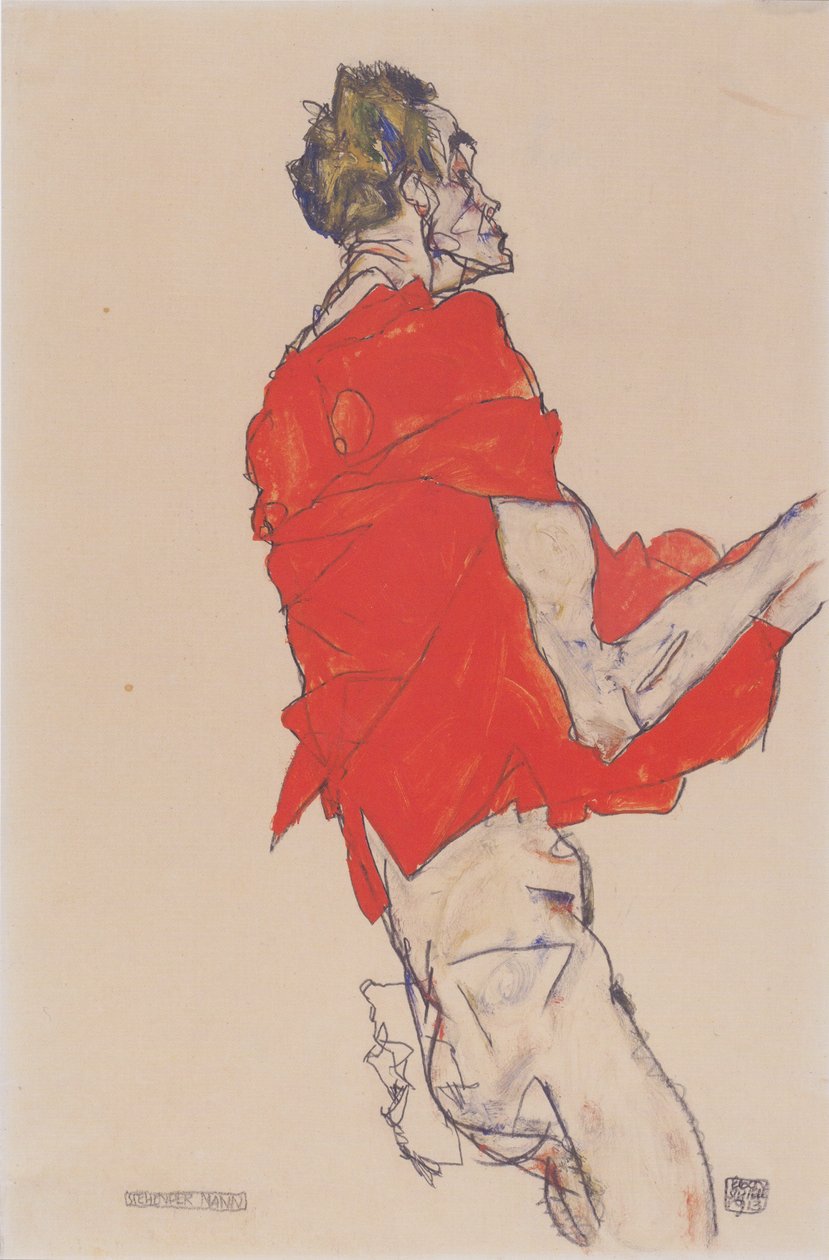 Stående mann (selvuttrykk i rød skjorte) av Egon Schiele