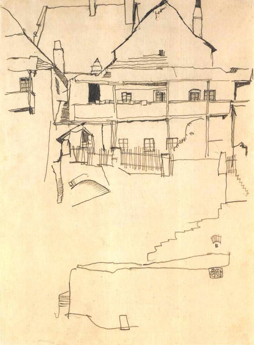 Studie for bildet Hus med singeltak av Egon Schiele