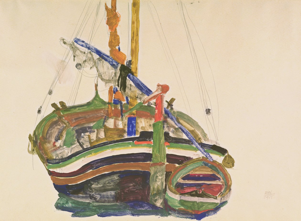 Trieste fiskebåt, 1912 (blyant, wc og gouache på Strathmore Japan-papir) av Egon Schiele