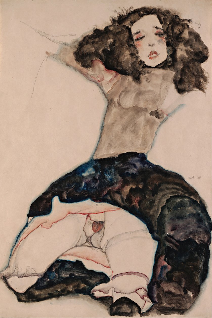 Svarthåret jente med løftet skjørt, 1911 av Egon Schiele