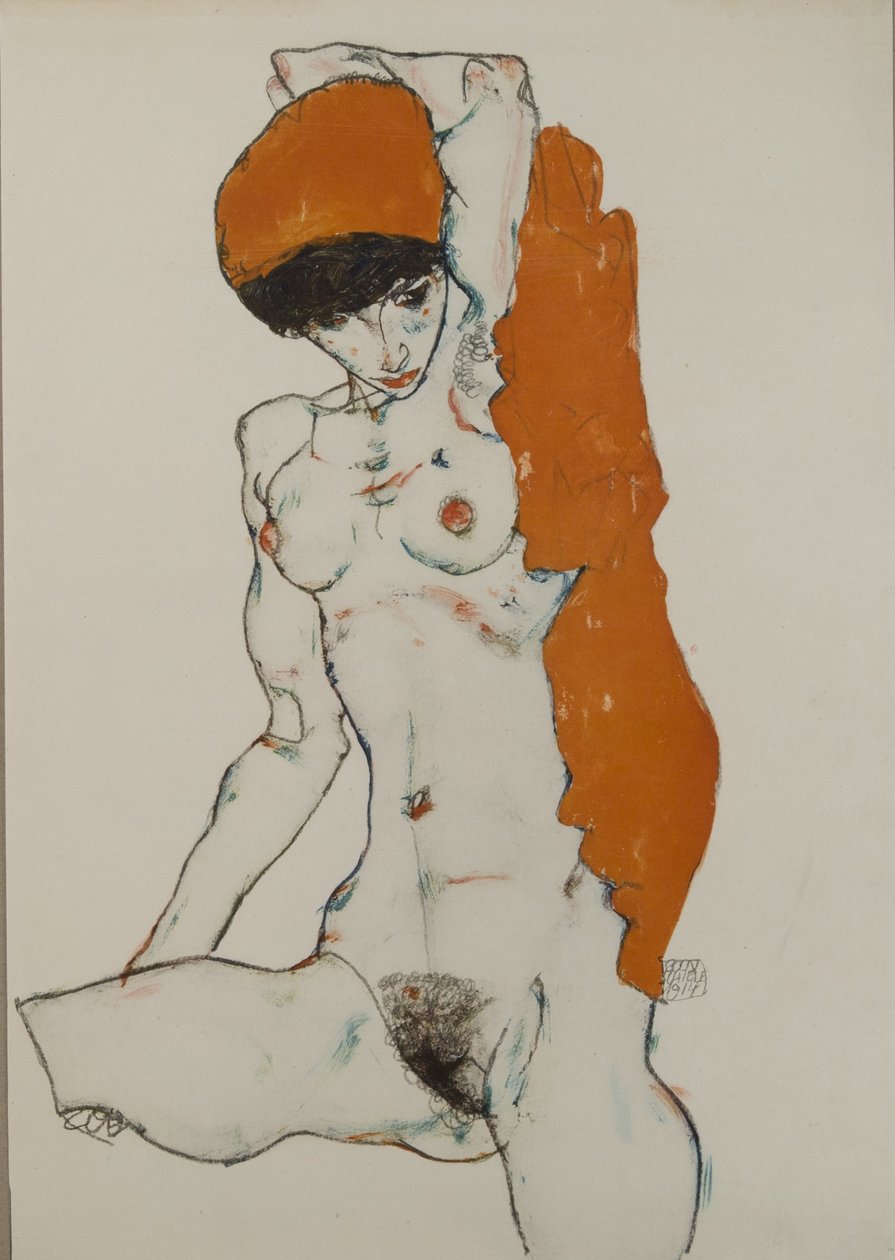 Kvinnelig naken med oransje-rød klut, 1914 av Egon Schiele