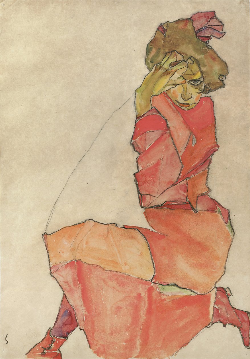 Knælende kvinne i oransje-rød kjole, 1910 av Egon Schiele
