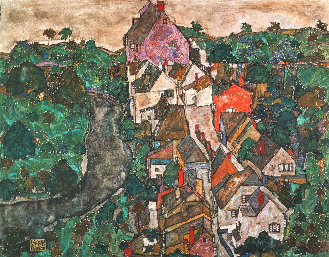 Landskap ved Krumau av Egon Schiele