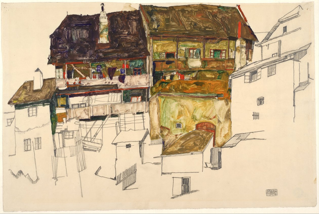 Gamle hus i Krumau, 1914 av Egon Schiele