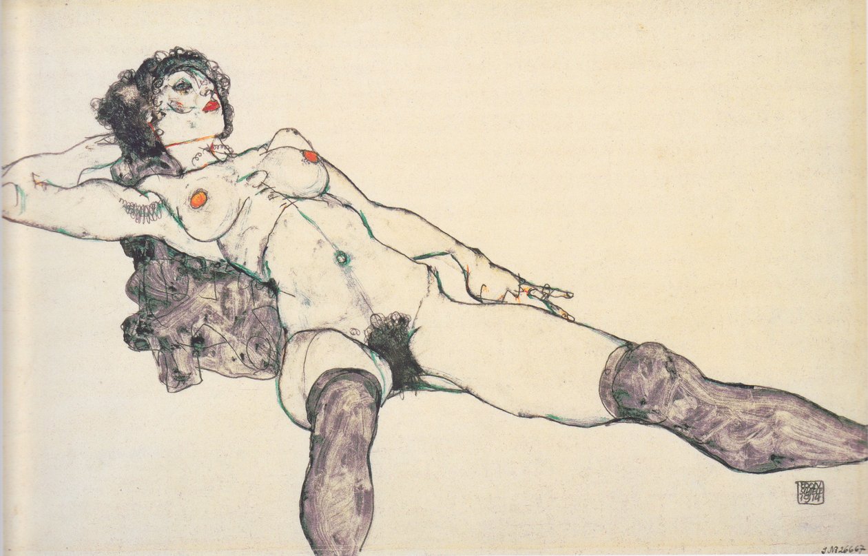 Tilbakelent kvinnelig naken med spredte ben, 1914 av Egon Schiele