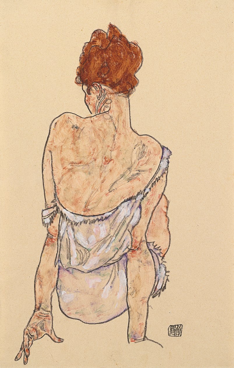 Sittende kvinne i undertøy, sett bakfra, 1917 av Egon Schiele