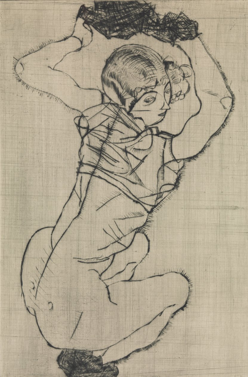Kvinne på huk, 1914. av Egon Schiele