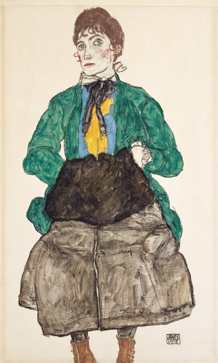 Kvinne i grønn bluse med muffe, 1915 av Egon Schiele