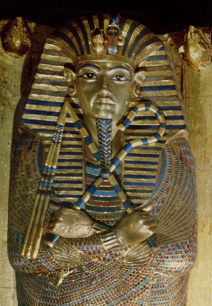 Innerste kiste til Tutankhamun, fra Tutankhamons grav (ca. 1370-1352 f.Kr.) arkgull i New Kingdom, lapis lazuli og andre halvedelstener) (detalj) av Egyptian 18th Dynasty