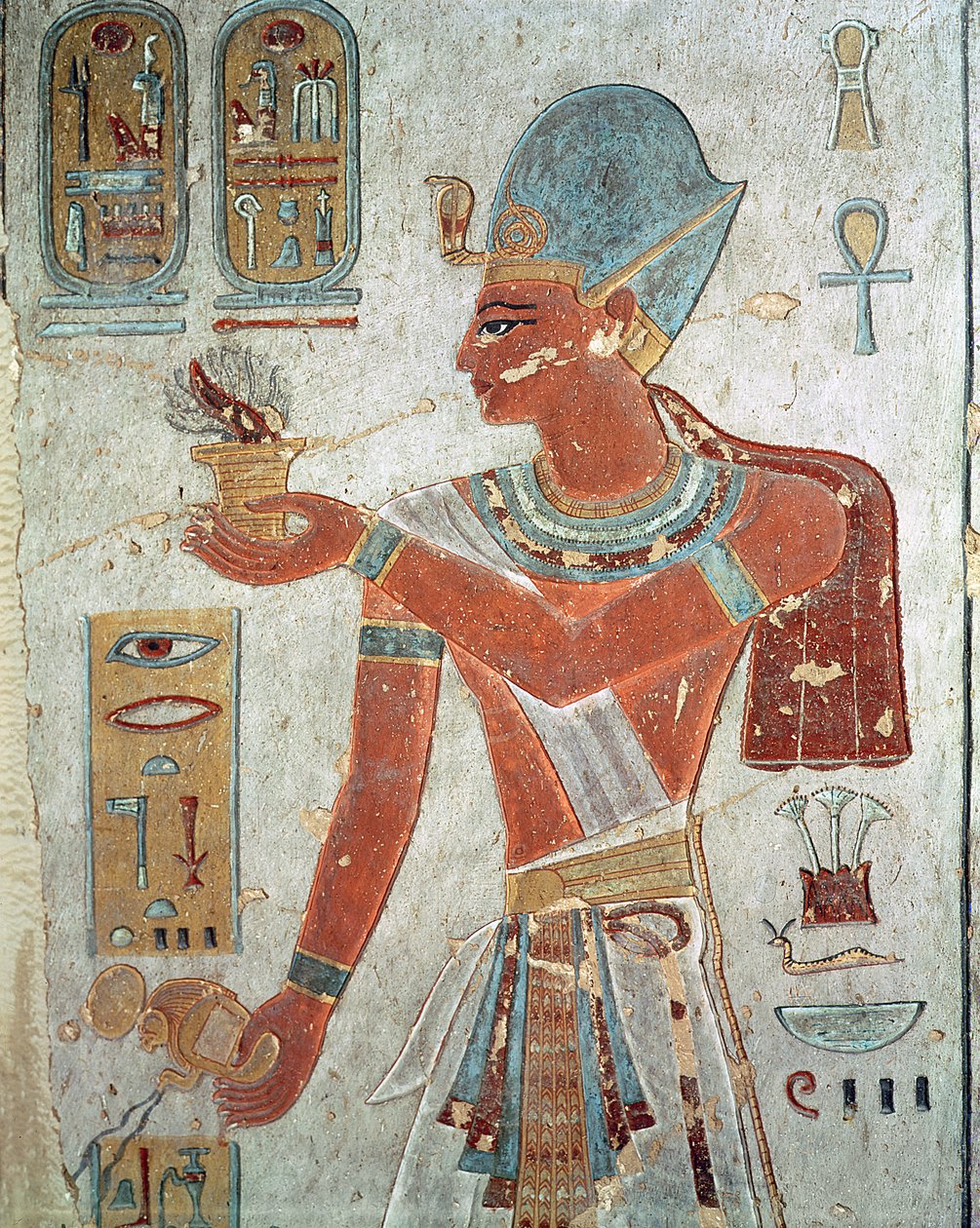 Ramesses III (ca. 1184-1153 f.Kr.) i kampdrakt, fra graven til Ramesses III, New Kingdom (veggmaleri) av Egyptian 19th Dynasty