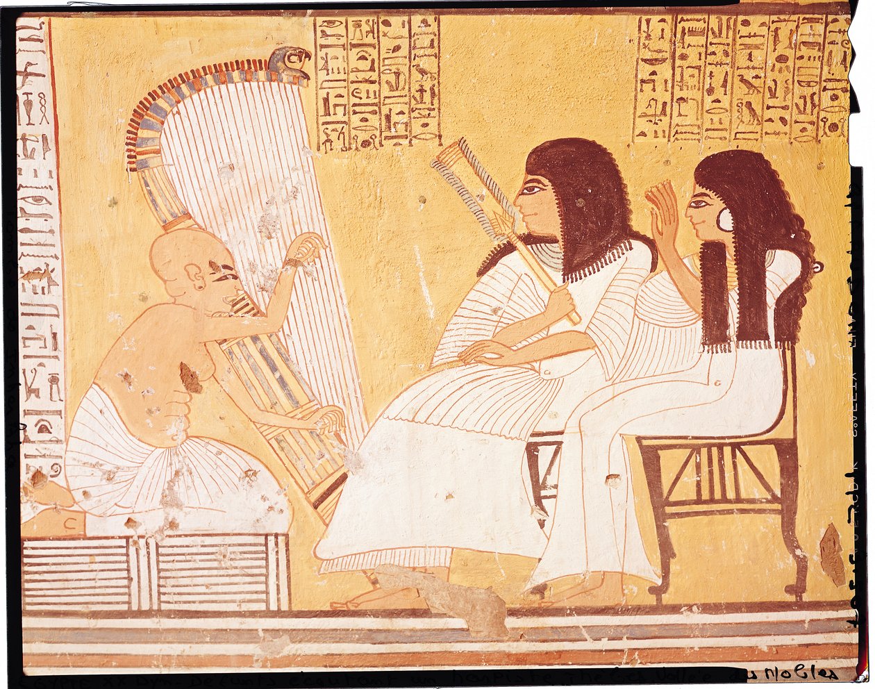 Den avdøde og hans kone lytter til en blind harpist, fra graven til Ankerkhe, Workmens Tombs, New Kingdom (veggmaleri) av Egyptian 20th Dynasty
