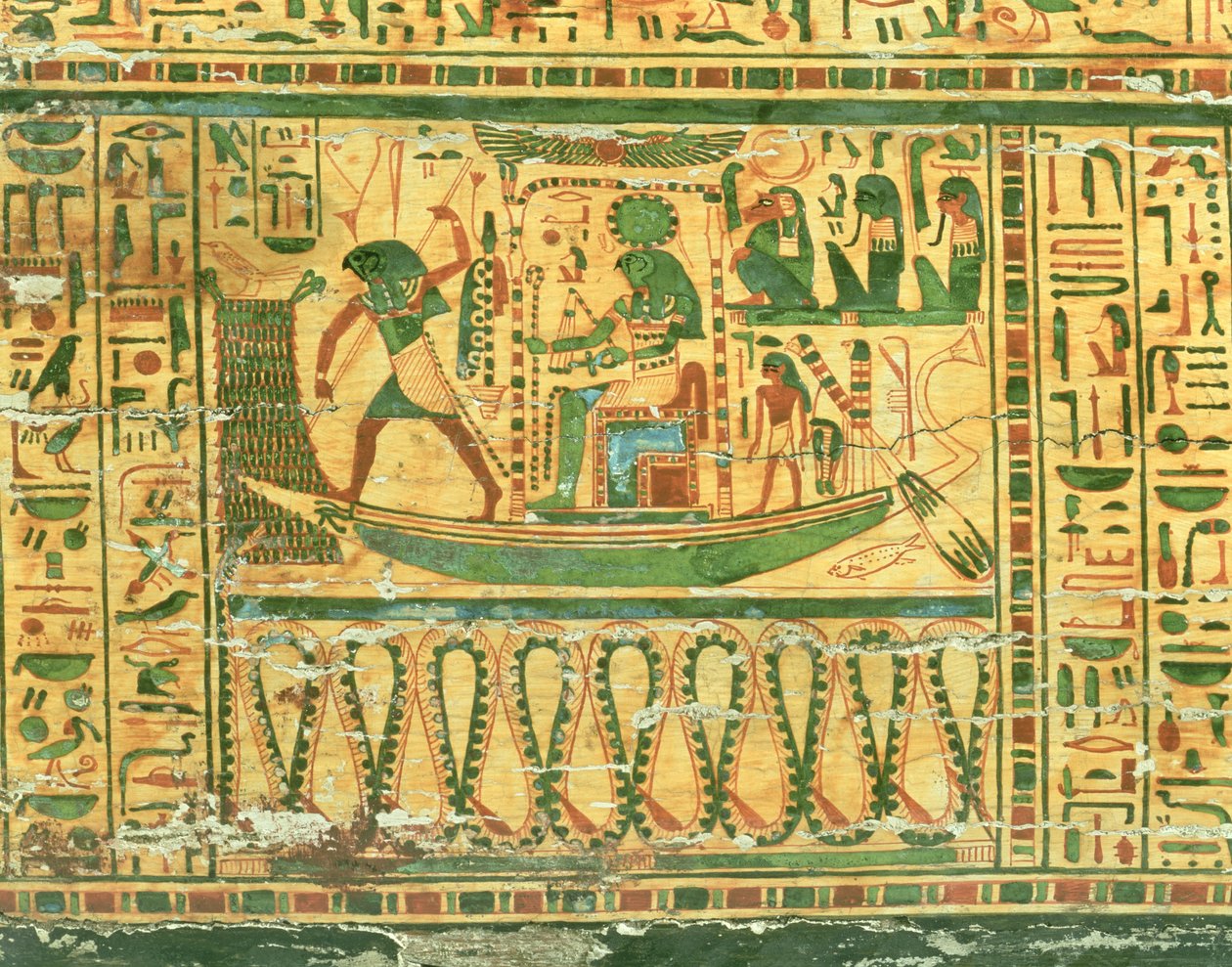 Reisen til solguden Re, detalj fra den indre kisten til Nespawershefyt, egyptisk, tredje mellomperiode, 990-969 f.Kr. (pusset og malt tre) (se også 76535) av Egyptian 21st Dynasty