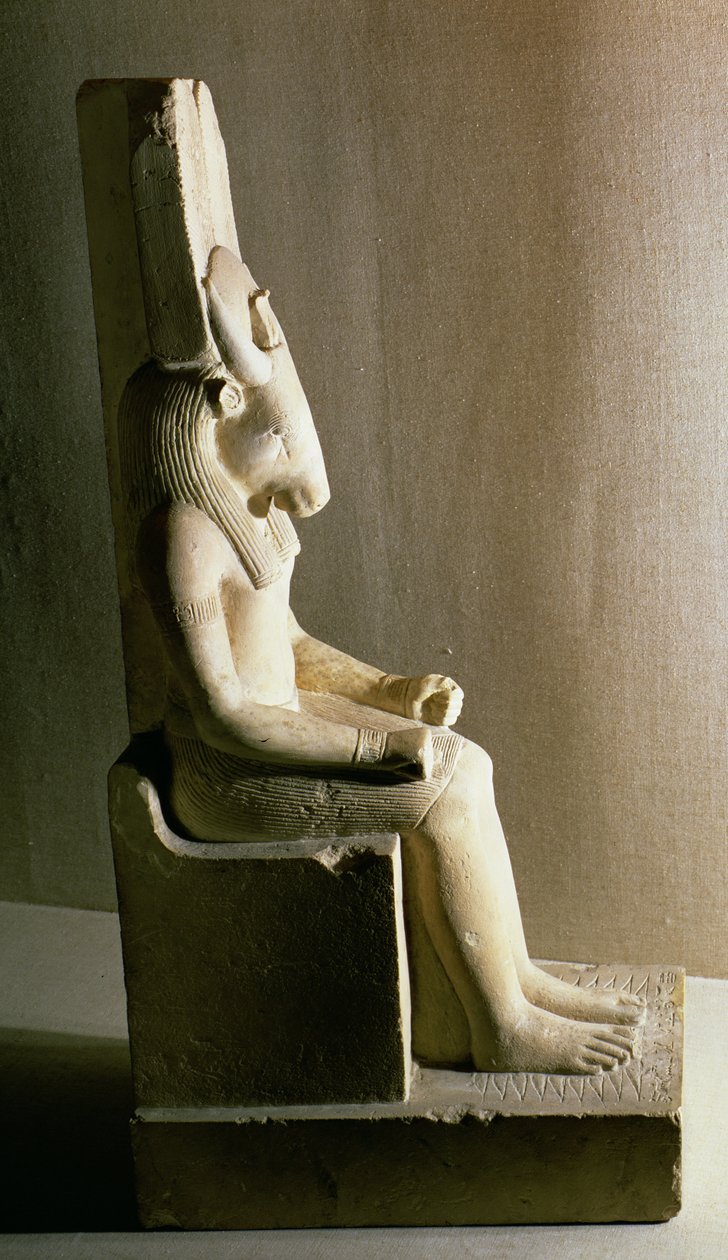 Statue av guden Montu med hodet til en okse, fra Medamud (kalkstein) av Egyptian Ptolemaic Period