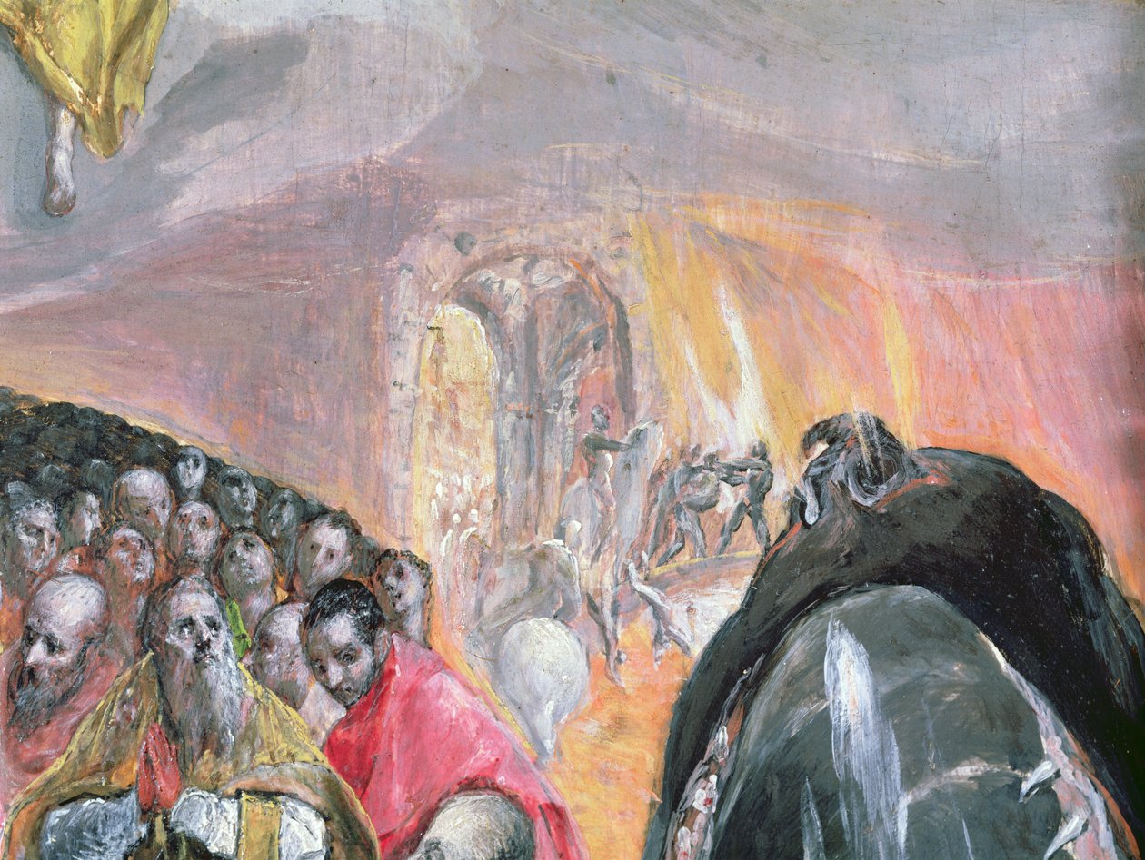 Tilbedelsen av Jesu navn, ca. 1578 (olje og tempera på tre) (detalj av 99408) av El Greco