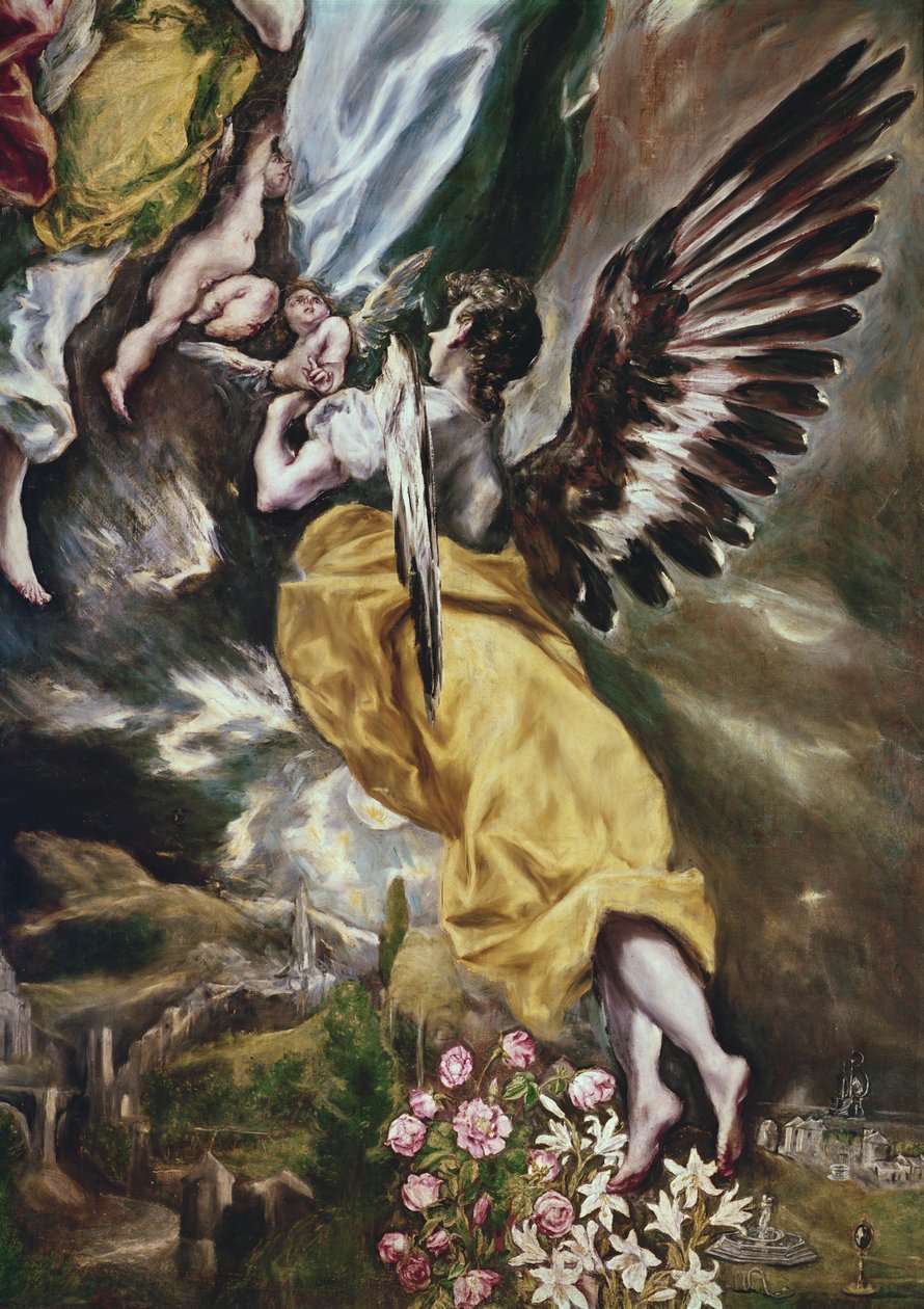 Den ubesmittede unnfangelsen (detalj av engel, blomster, marianske attributter og Toledo) 1607-13 (se også 90015) av El Greco
