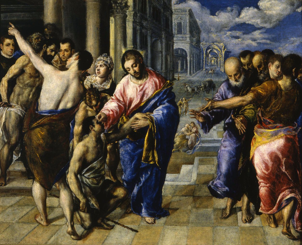 Jesus helbreder den blinde, ca. 1573 av El Greco