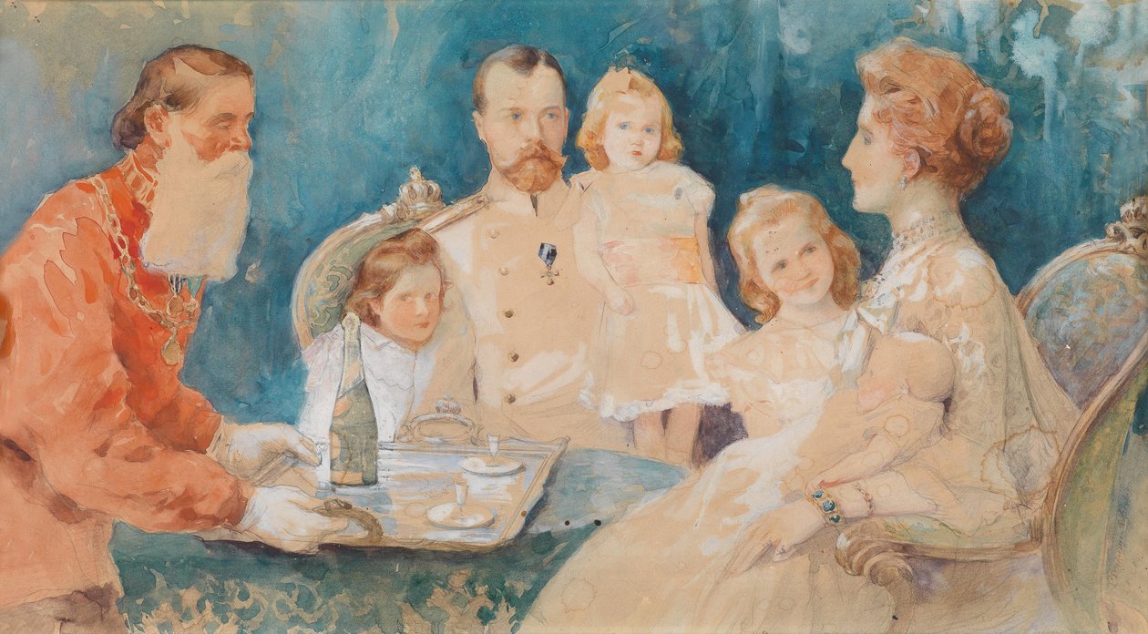 Tsar Nikolai II og tsarina Alexandra Fjordorovna med døtrene Olga, Tatiana, Maria og Anastasia (som baby) av Elena Samokich Soudkovskaïa