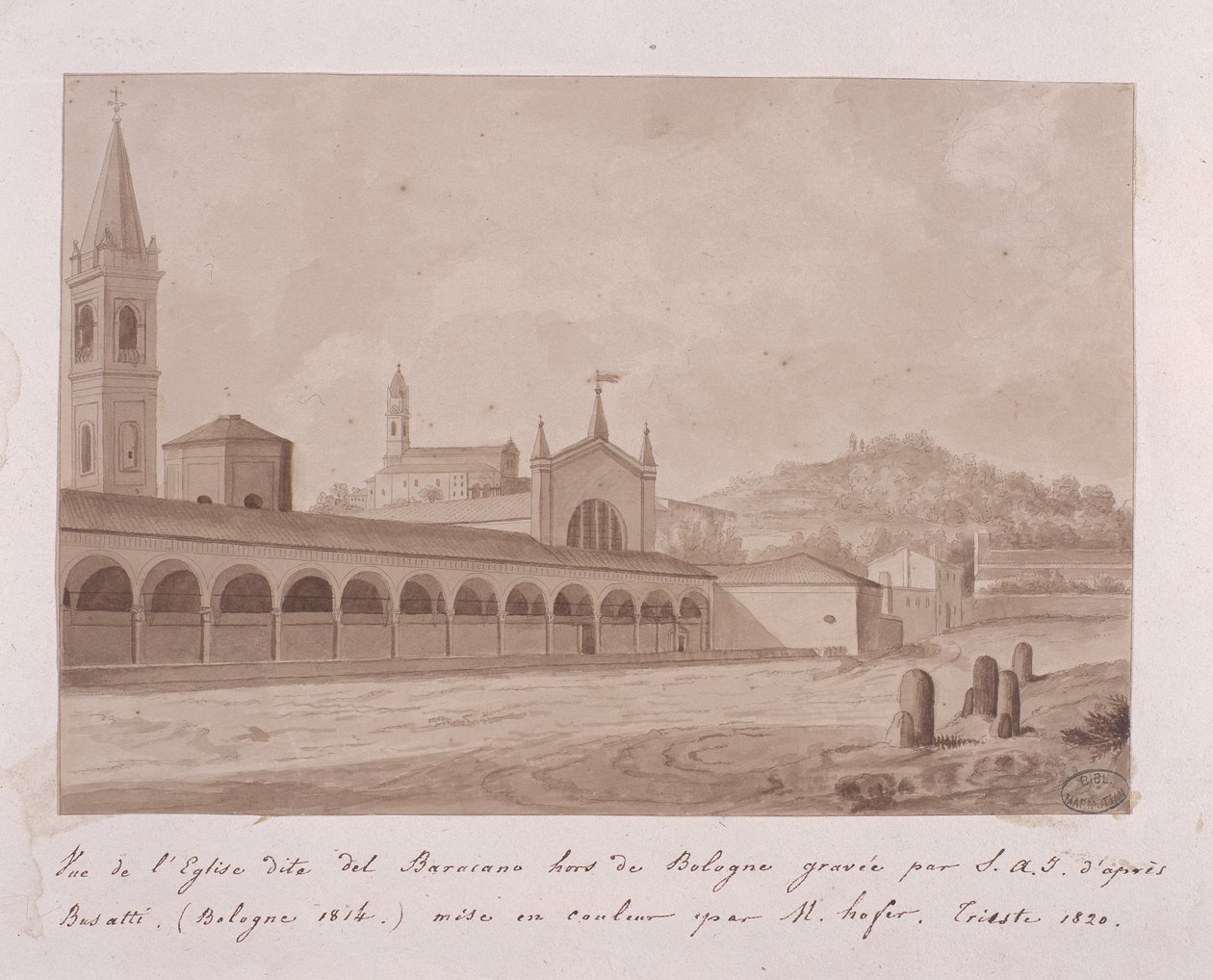 Utsikt over kirken Baracano, Bologna, etter Basatti, 1814 (gravering forbedret med wc på papir) av Elisa Bonaparte