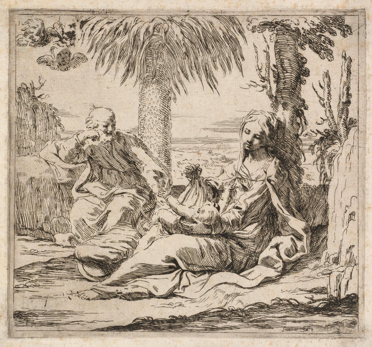 Hvil på flyturen til Egypt. av Elisabetta Sirani