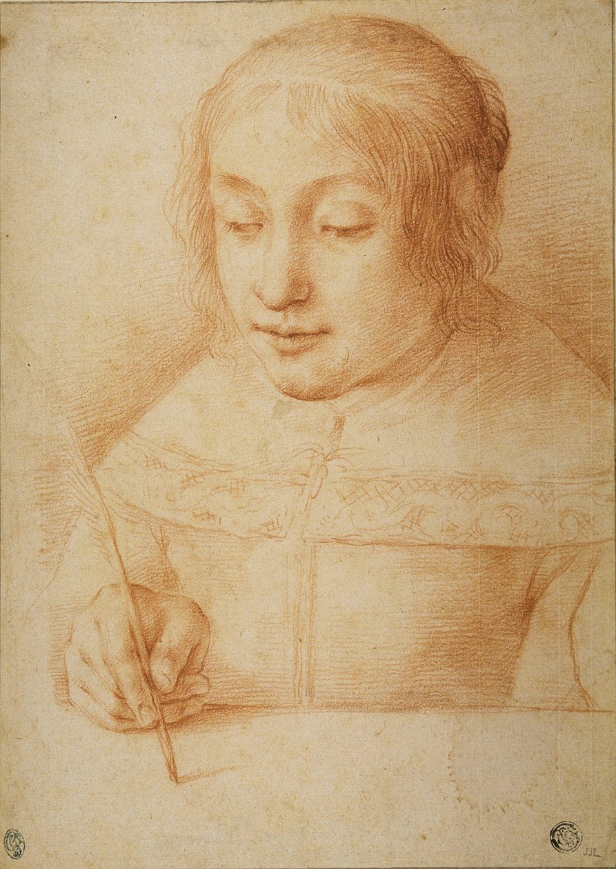 Ung kvinne som skriver eller tegner av Elisabetta Sirani