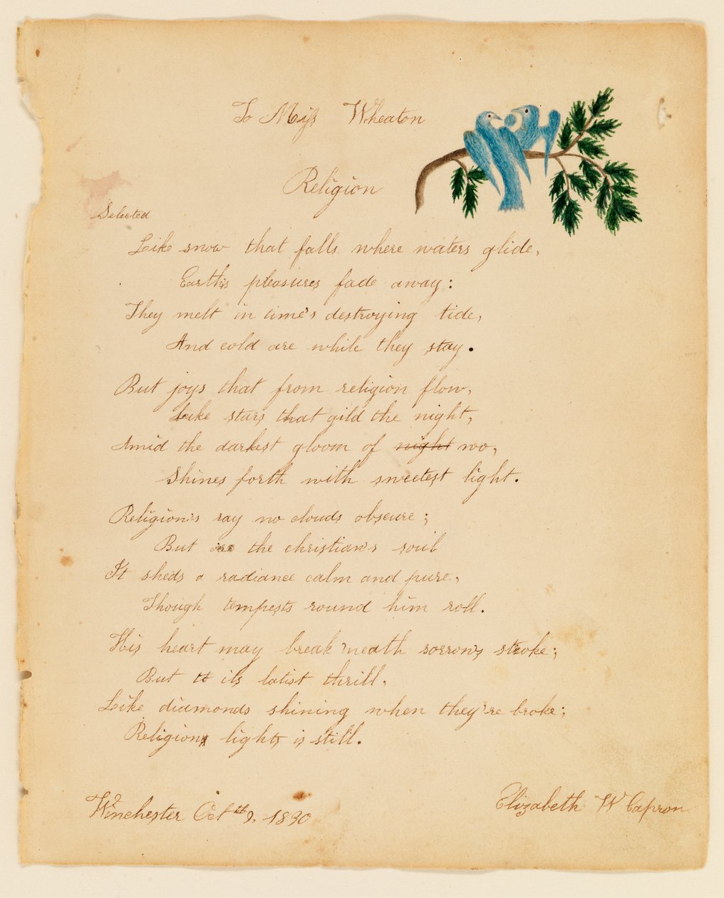 Til Miss Wheaton, Religion, 1830. av Elizabeth W. Capron