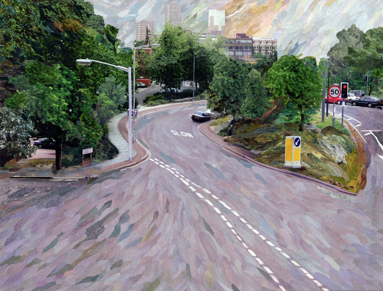 Utsikt fra en flyover (papirmosaikkcollage) av Ellen Golla