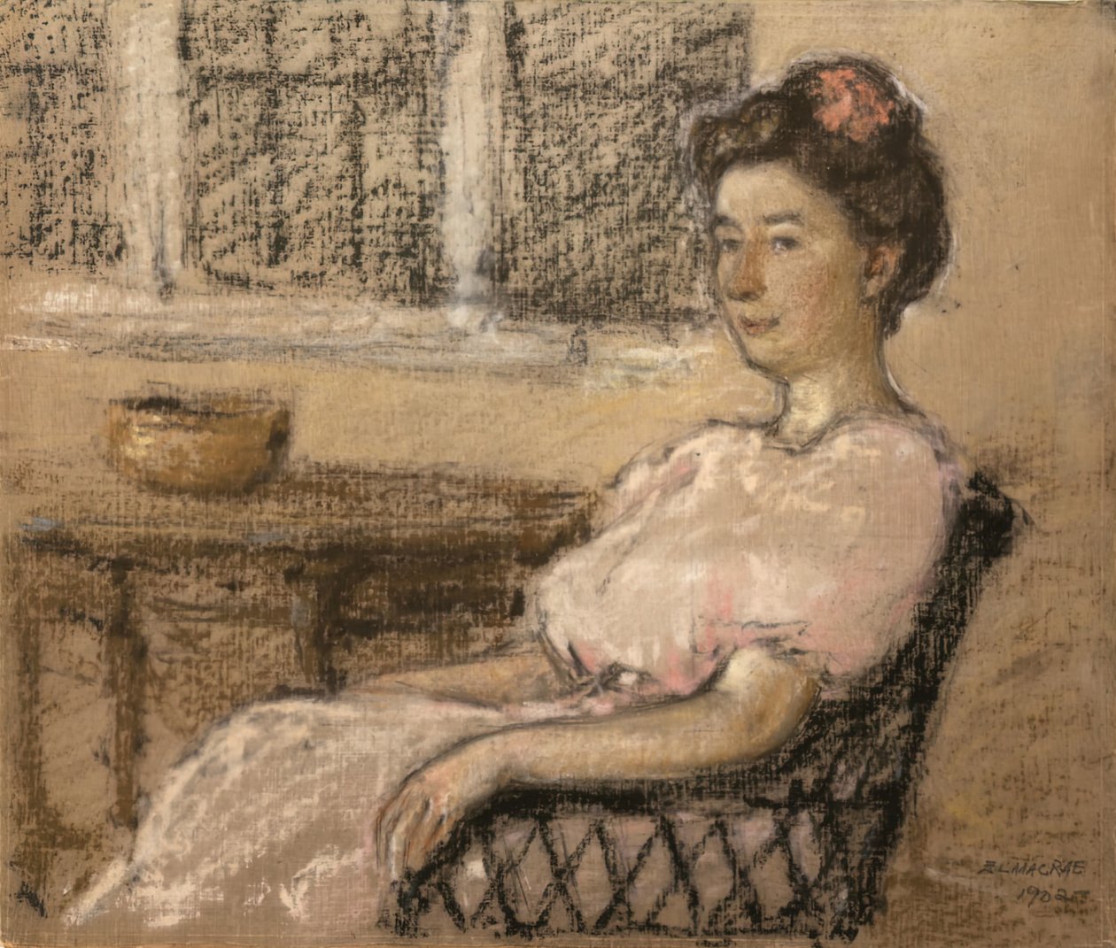 Sittende kvinne i rosa, 1902. av Elmer Livingston MacRae