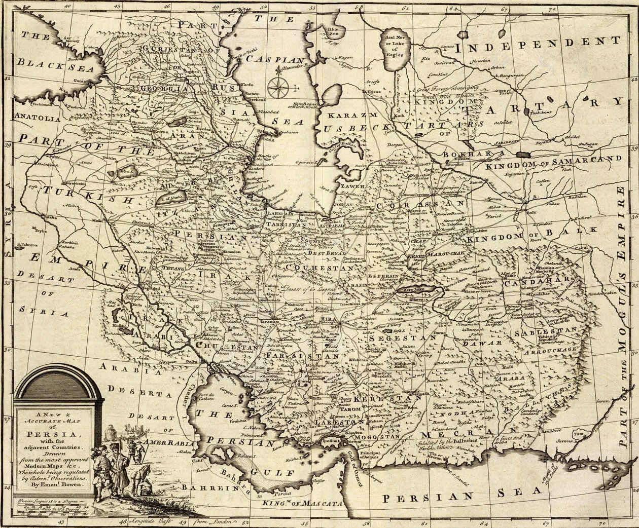 Et nytt og nøyaktig kart over Persia, med de tilstøtende landene. av Emanuel Bowen