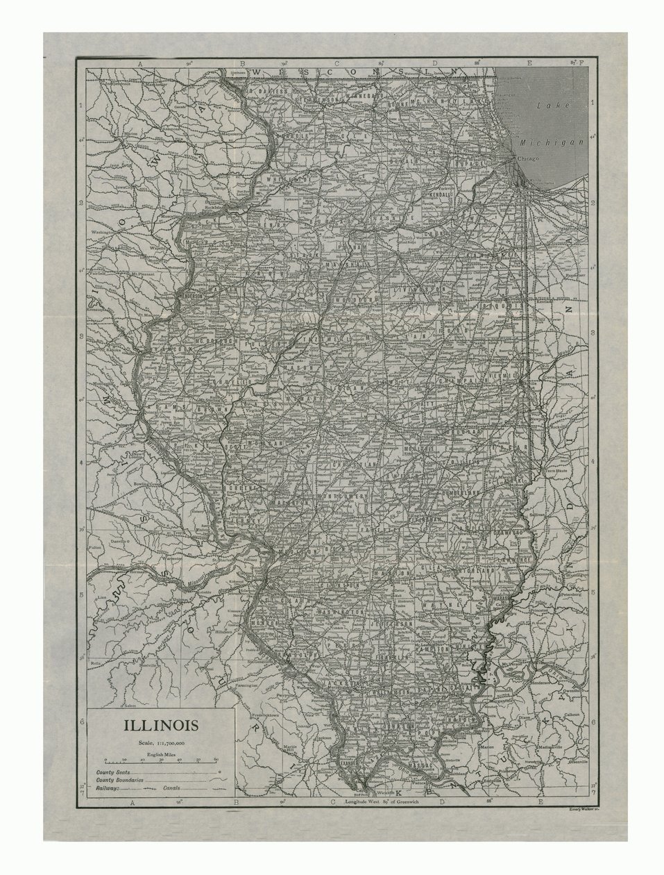 Kart over Illinois, USA, ca 1910-tallet. av Emery Walker