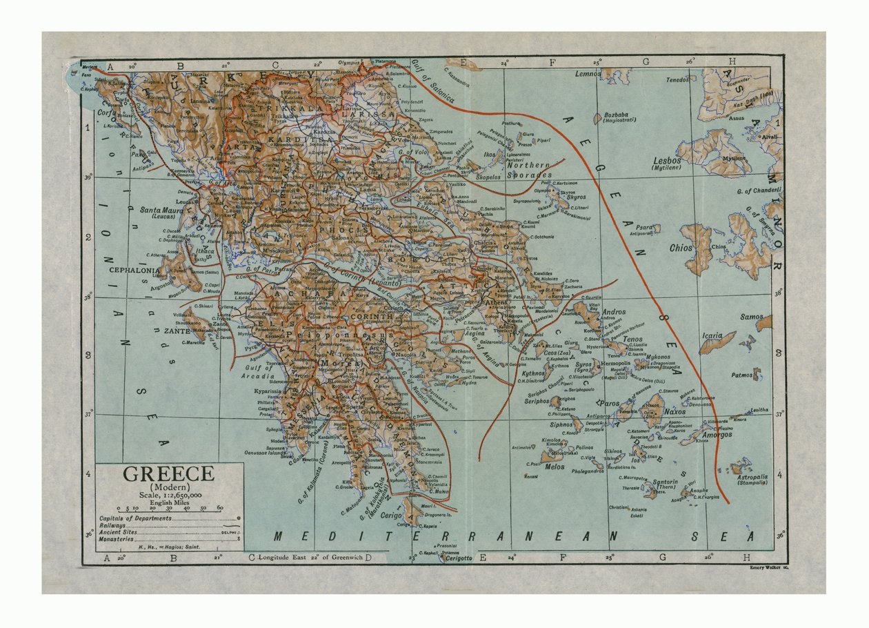 Kart over moderne Hellas, ca 1910-tallet. av Emery Walker