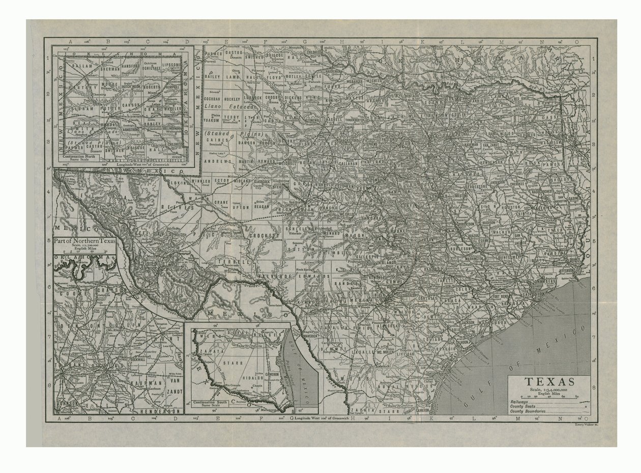 Kart over Texas, USA, ca 1910-tallet. av Emery Walker
