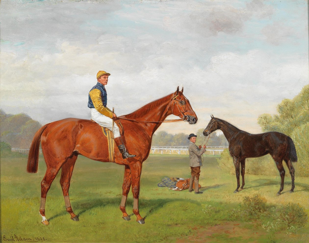 Engelsk: Arulo og Komamasszony, to seirende løpshester fra boet til baron Hermann von Konigswarter med jockeyen Robert Adamsn av Emil Adam