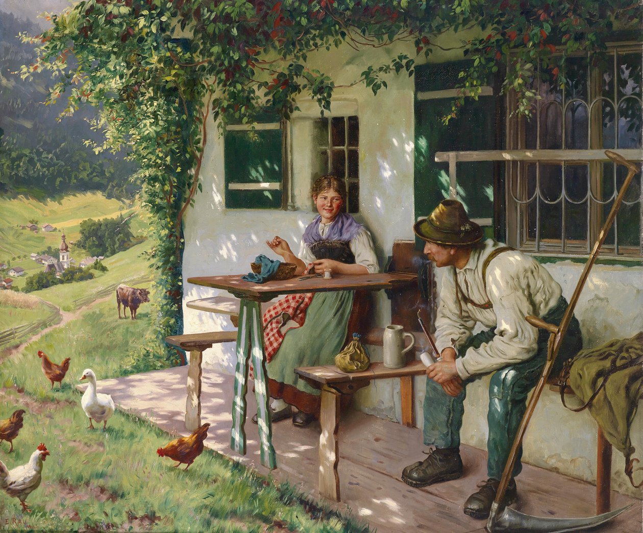 Ungt par foran et våningshus i Øvre Bayern, signert E. Rau, München, olje på lerret, 110 x 132,5 cm av Emil Rau
