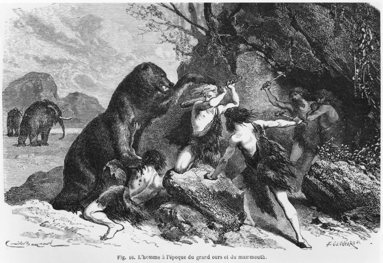 Mennesket på bjørnens og mammutens tid, illustrasjon fra 'L'Homme Primitif' av Louis Figuier (1819-94) utgitt av Hachette, 1870 av Emile Antoine Bayard