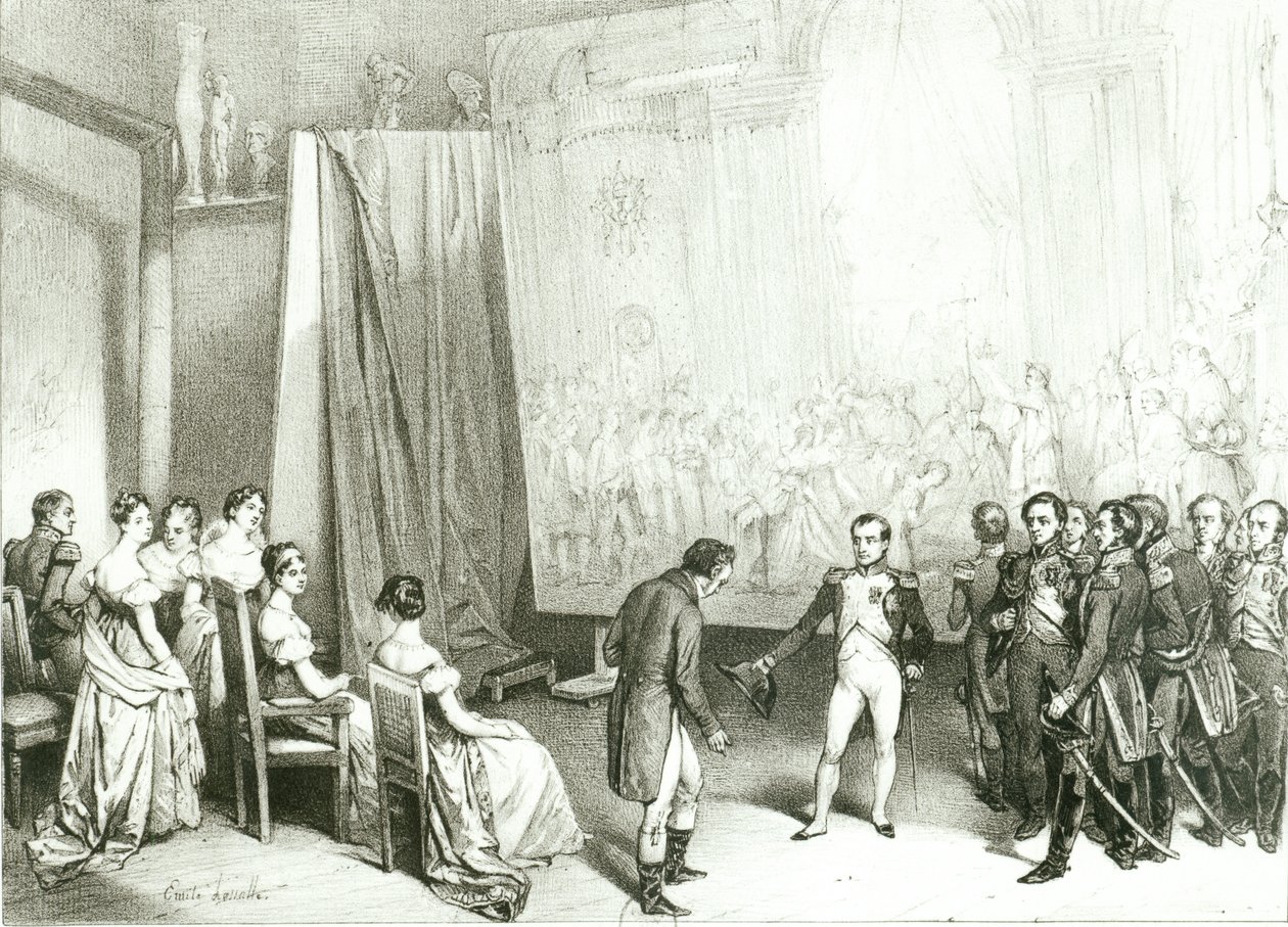 Napoleon I (1769-1821) på besøk i Davids studio (1748-1825), 4. januar 1808, ca. 1838 av Emile Lassalle