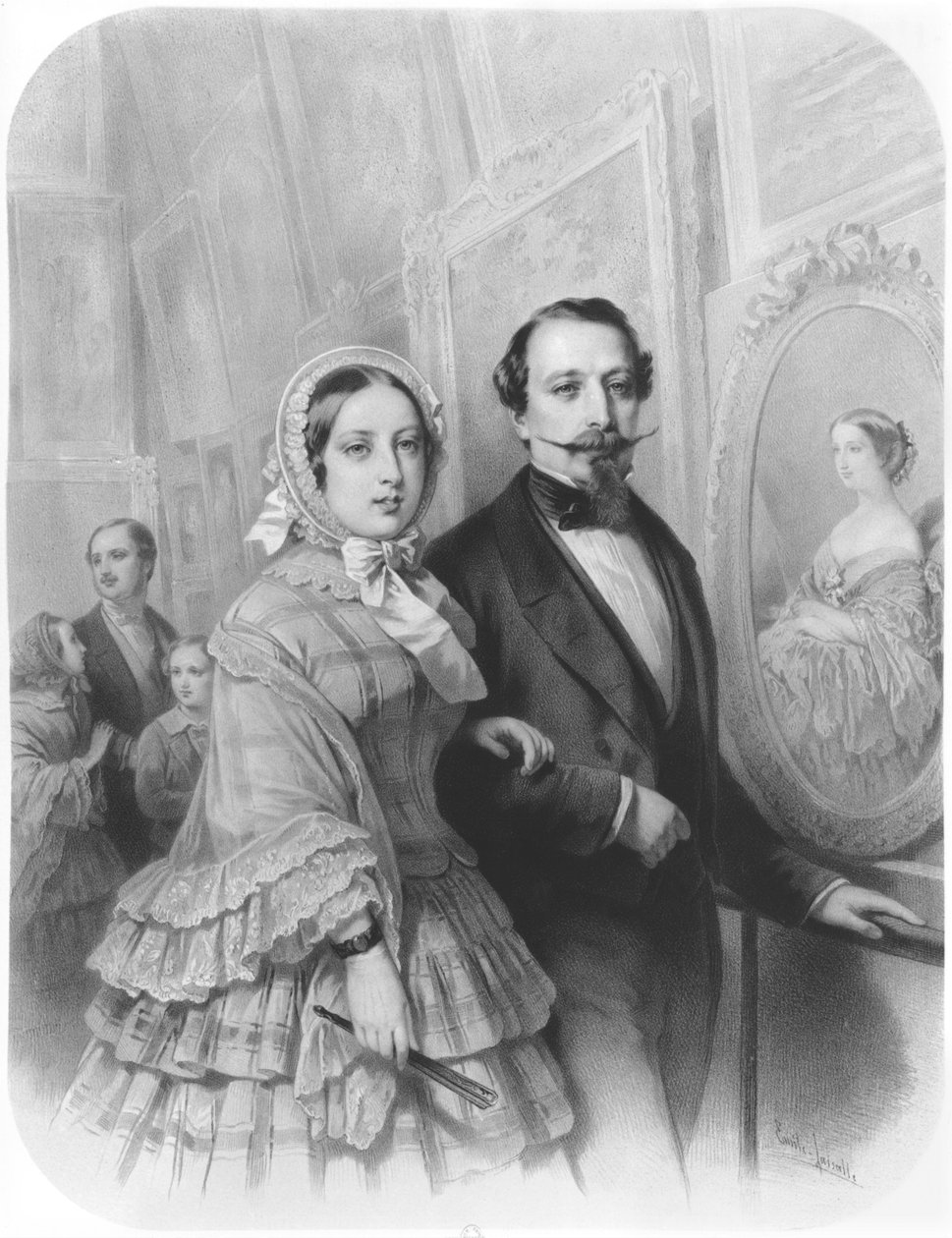 Dronning Victoria og Napoleon III, keiser av Frankrike, besøker kunstgalleriet til Verdensutstillingen i Paris 20. august 1855 (etter H.Holfeld 1804-1872) av Emile Lassalle