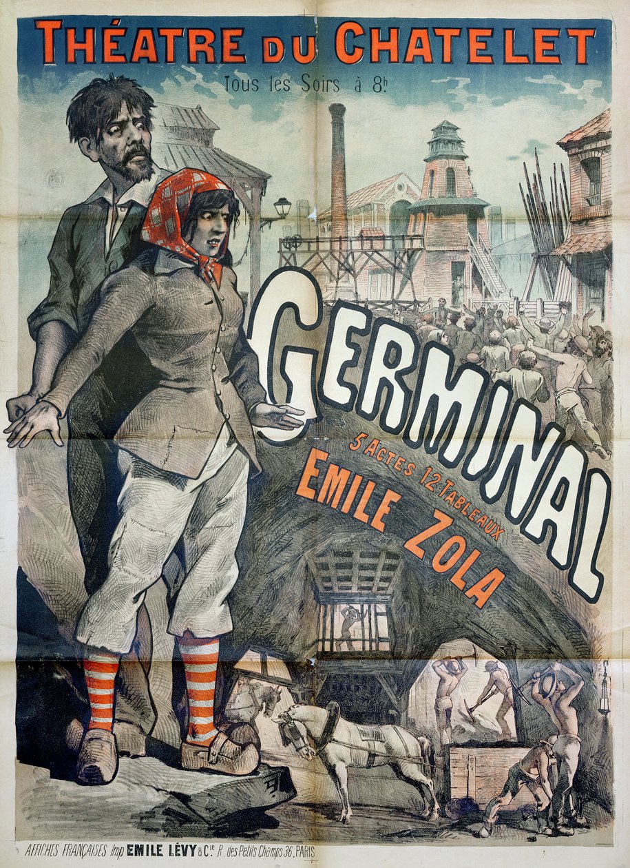 Plakat som reklamerer for en forestilling av stykket "Germinal" av Emile Zola (1840-1902) på Theatre du Chatelet av Emile Levy