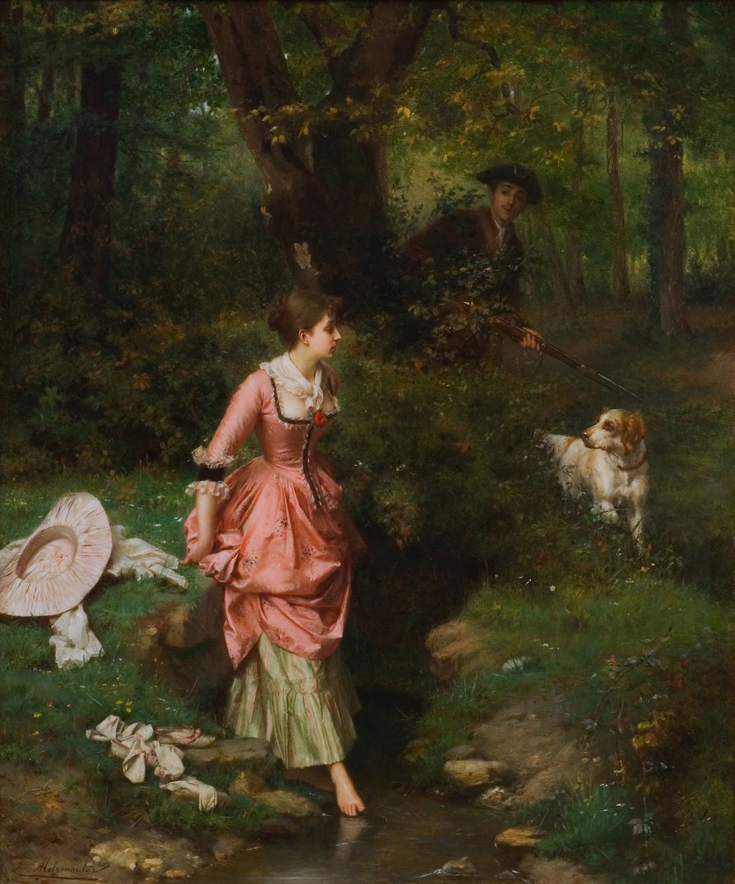 En ung dame som krysser en Brookn av Emile Pierre Metzmacher
