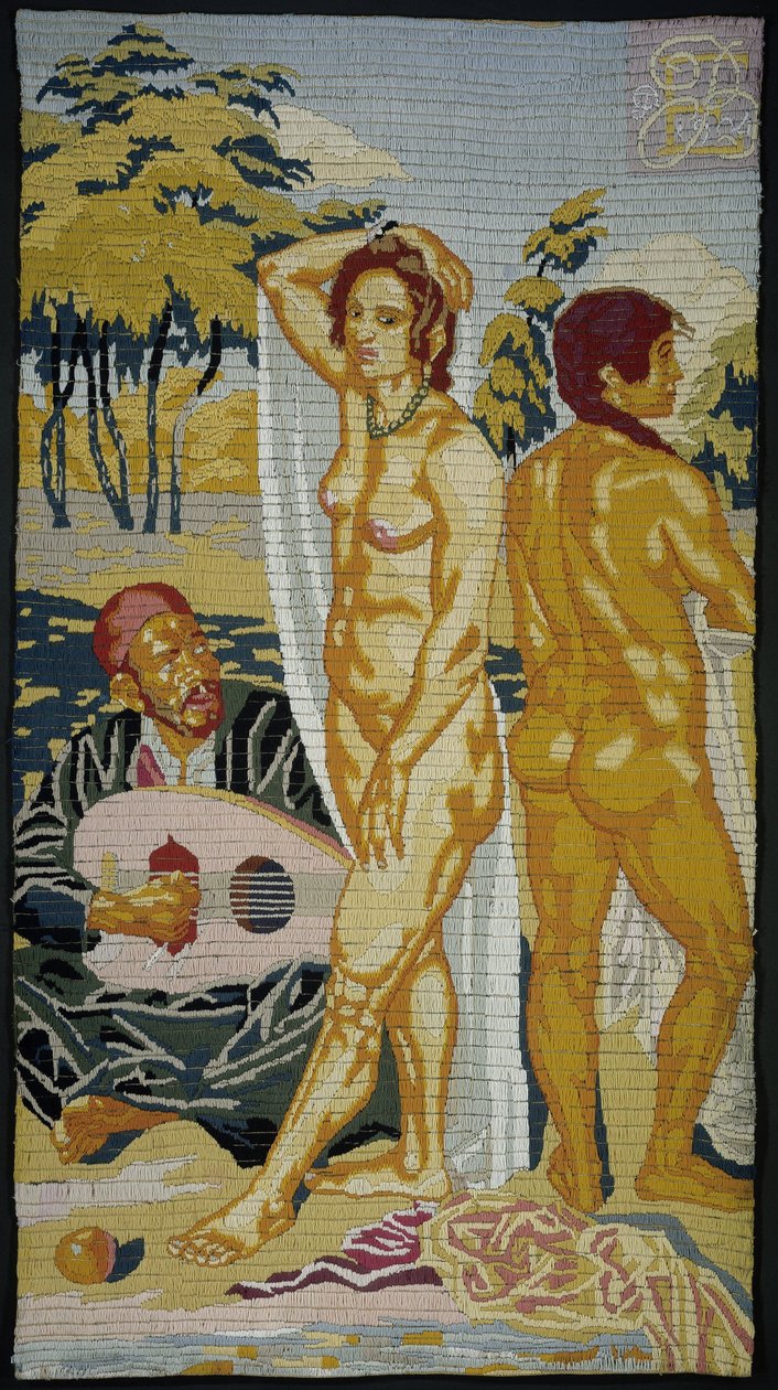 Geborduurd bord; To badende av Emile Bernard