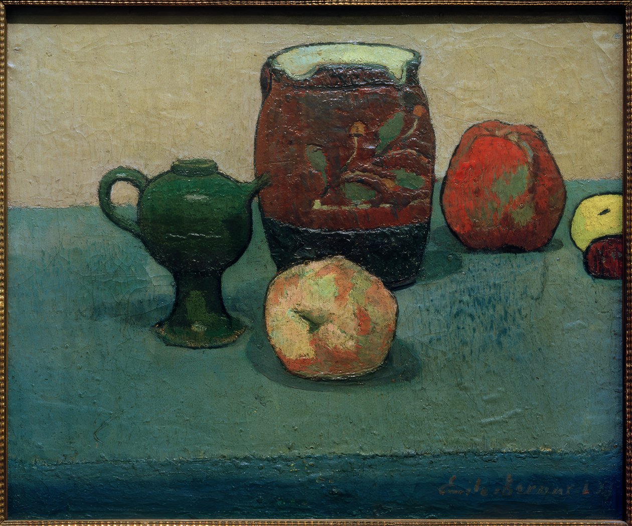 Stilleben med ølkrus og epler av Emile Bernard