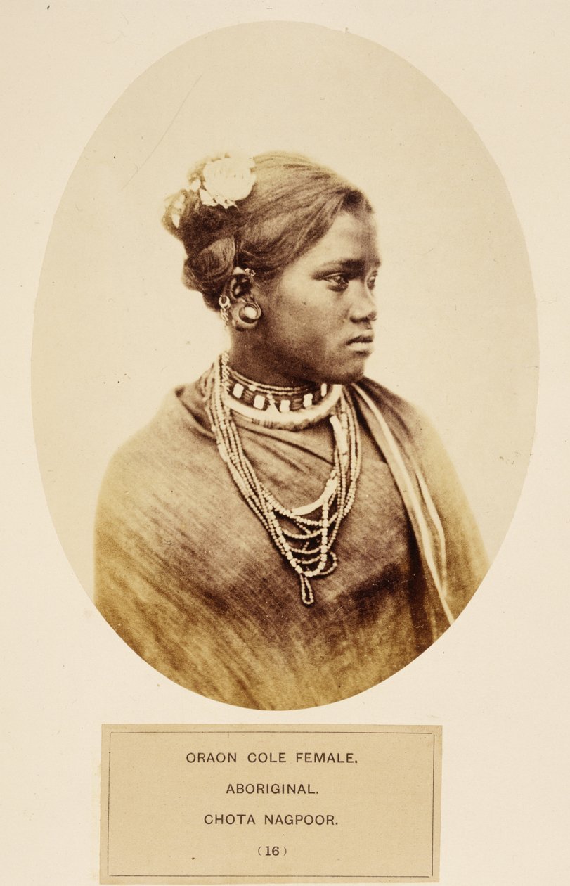 Oraon Cole Female, Aboriginal, Chota Nagpoor, fra The People of India, av J. Forbes Watson, utgitt 1868 (albumtrykk) av English Photographer