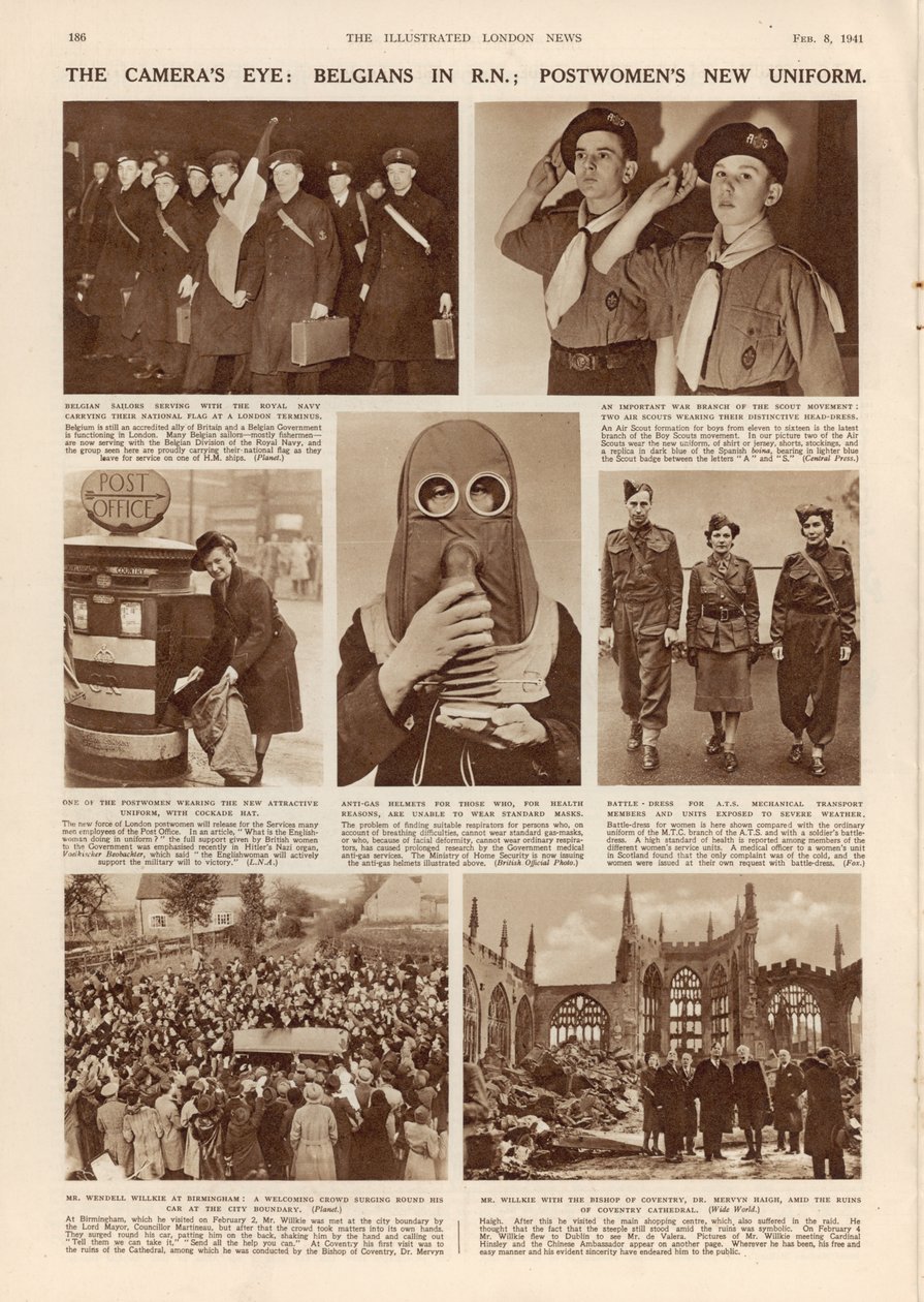 The Cameras Eye: Belgians in R.N.; Postwomens New Uniform, fra The Illustrated London News, 8. februar 1941 av English Photographer