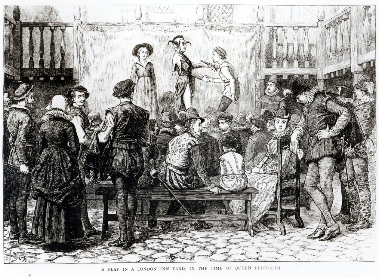 A Play in a London Inn Yard in the Time of Queen Elizabeth, gravert av Joseph Swain (1820-1909) av English School